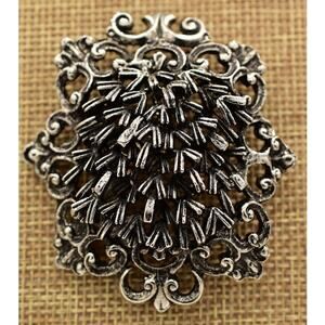 Vintage Floral Pin Brooch Antiqued Silver Filigree Round Chunky 1980s NOS Bin4